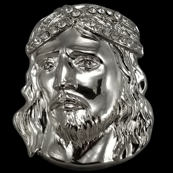 Jesus Piece Belt Buckle Silver Rhinestone Religious Bling Hip Hop Style - Picture 1 of 7